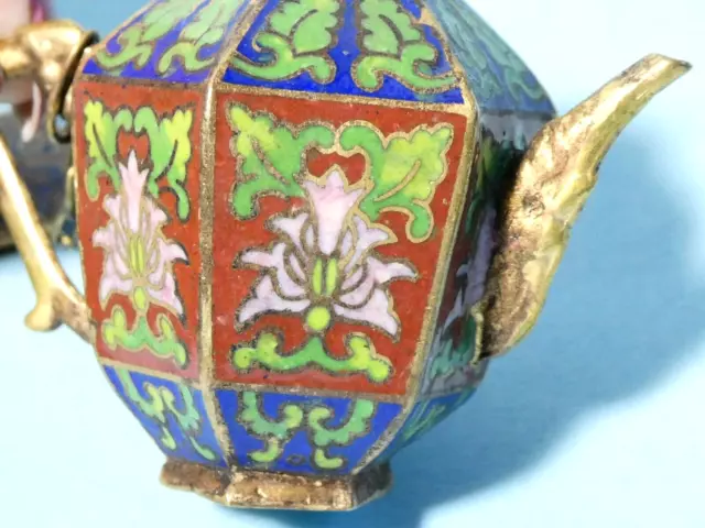 Antique Japanese Cloisonne Enamel Miniature Teapot Floral Foliage Pattern #7