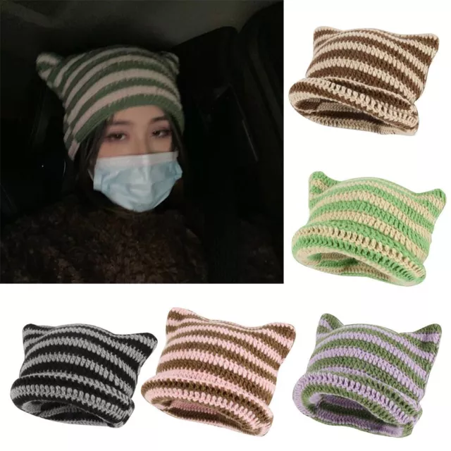 femmes Bonnet tricoté en laine Ins Petit Diable Rayé Chapeau japonais Beanie