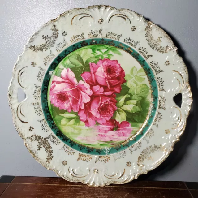 Antique German Green Porcelain Cake Plate w/ Roses & Hand Painted Accents 10"