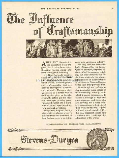 1920 Stevens Duryea Motor Cars Chicopee Falls MA Influence of Craftsmanship Ad