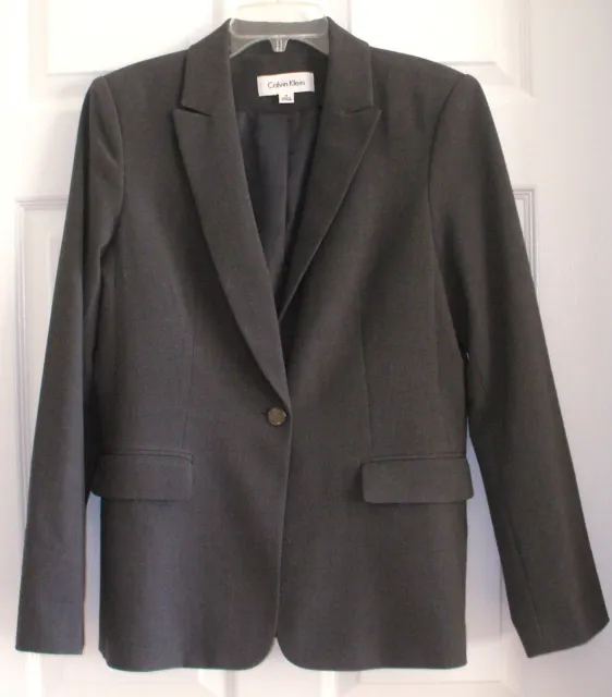 Womens CALVIN KLEIN Size 8 Gray Lined Blazer Jacket One Button Career