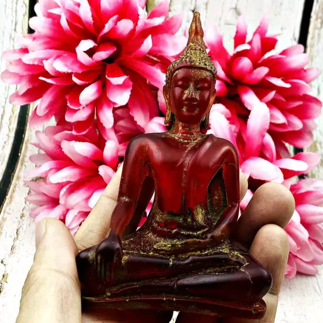 Seated Buddha Statue Deity Feng Shui Hand Gold Dust Red Blood Thai Amulet #5405