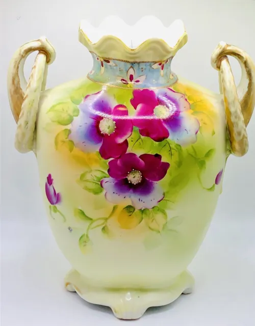 Pre-Nippon Moriage Wild Rose Double Handle Hand-Painted Footed Urn Vase