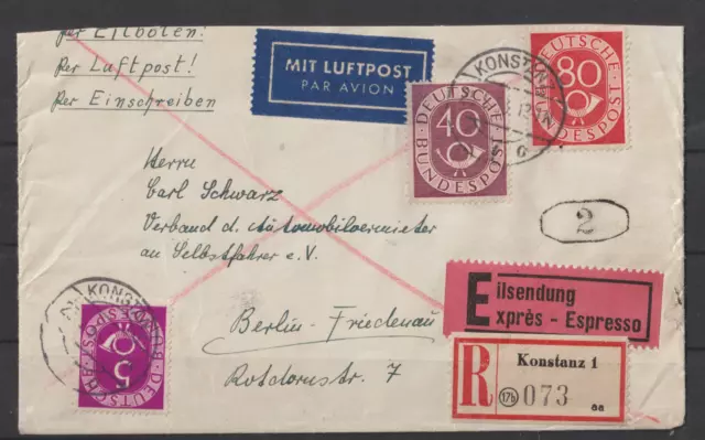 Bund Posthorn, 80 Pf, Mi. 137 in Mif auf Eil-Luftpost-Brief, Ankunftsstempel