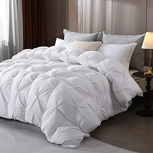 Pinch Pleat Goose Feathers Down Comforter Queen/Full Size, Ultra Soft Cotton