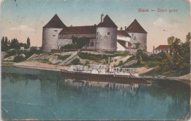 AK/ Postkarte : alter Dampfer vor der Burg in Sisak - k.u.k. Feldpost 1918