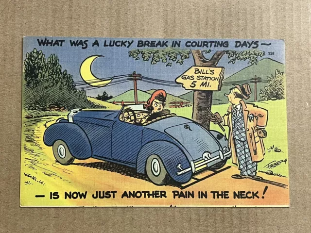 Postcard Humor Faber Comic Couple Marriage Dating Car Broke Out Of Gas Funny