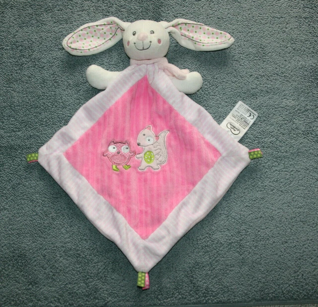 Mots D'enfants Doudou Lapin Plat Blanc Rose Renard Hibou Chouette Etat Neuf