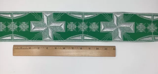 Vintage Vestment Silver Lame Cross on Green 3-1/4" Banding Sold By Yard