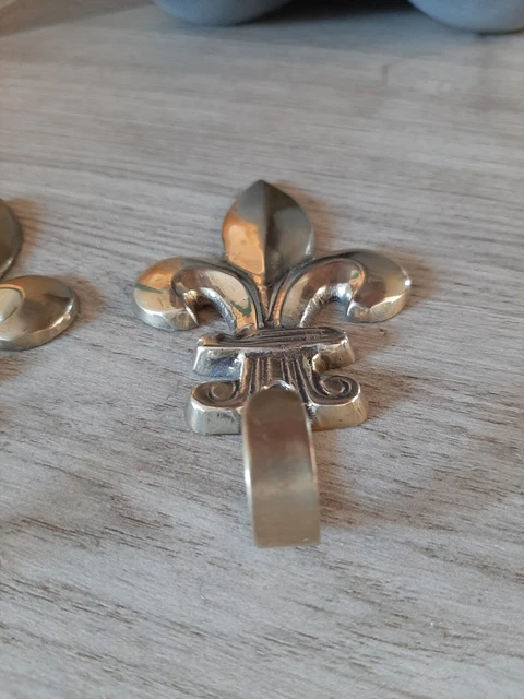 Vintage pair of 2 French brass wall coat hat hook Fleur de lys bronze gold color 19