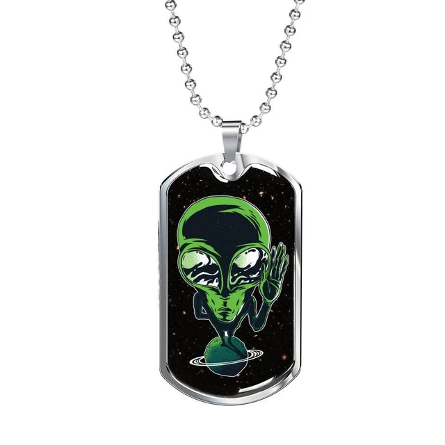 Alien UFO Fan Gift Alien On Planet Necklace Stainless Steel or 18k Gold Dog Tag