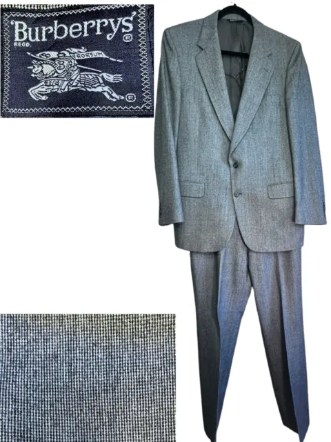 VTG 42L Burberrys Mens Wool Suit Gray Tweed Twill Pants 34x31 Excellent!