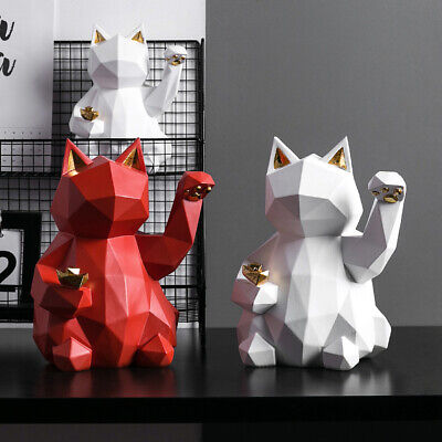 Lucky Cat Statue Animal Figurine Abstract Geometric Style Resin Sculpture
