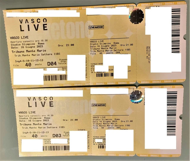Concerto Vasco Rossi 2023 / 16 giugno Roma Tribuna Monte Mario 2 BIGLIETTI