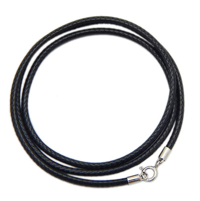 2mm Black Leather Cord Necklace Sterling Silver Ring Clasp 16-32" Chain
