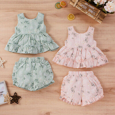 US Toddler Baby Girls Sleeveless Ruffle Floral Print  Dress+Shorts Outfits