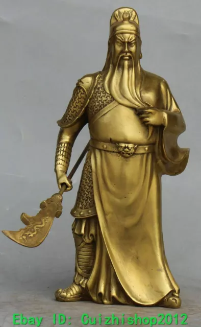 8" Chinese Bronze Dragon Guan Gong Yu Warrior God Guangong Hold Sword Sculpture