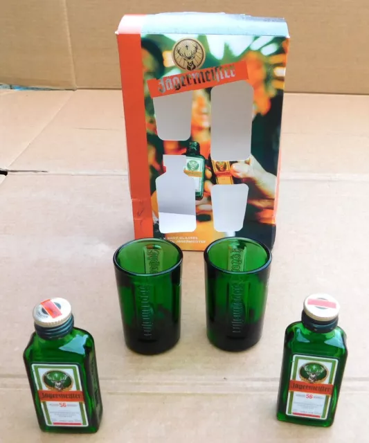 Two Jagermeister 2.5 cl. Shot Glasses 7 Two Empty Miniature Bottles. Alcohol.