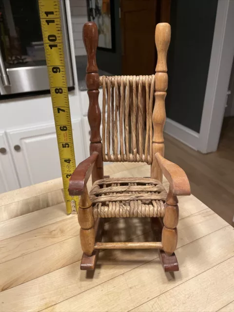 Vintage Doll Wooden Rocking Chair Rattan Weaved Back & Seat