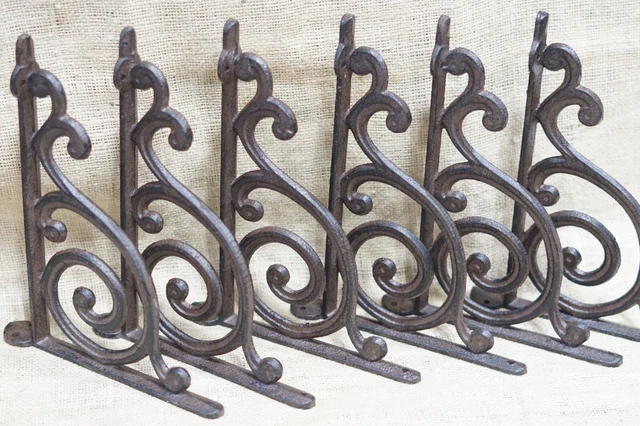 6 LARGE Shelf Brackets Corbels Wall Cast Iron Rustic Farmhouse 9 3/4" X 8 3/4"