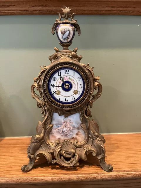 1800's French Louis XV Mantle Clock w/ Hand Painted Porcelain - Quartz Movement