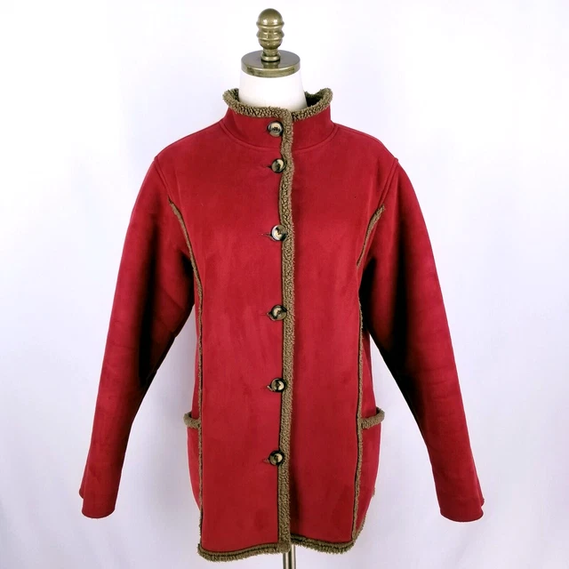 LL BEAN FAUX Suede Sherpa Lined Button Down Jacket Coat Womens Size PM