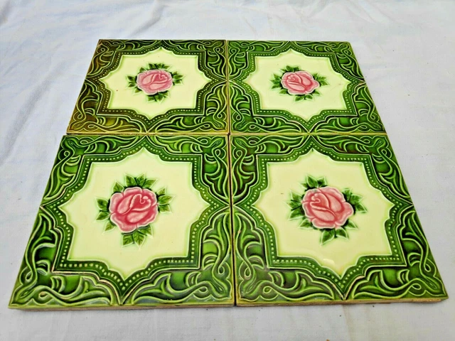 Vintage Embossed Majolica Art Nouveau Architecture Furniture Tile Japan 4 Pcs 2