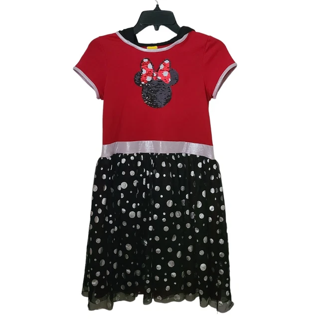 Disney Girls Hooded Minnie Mouse Dress Size XL 14/16 Sequin Ears Polka Dot
