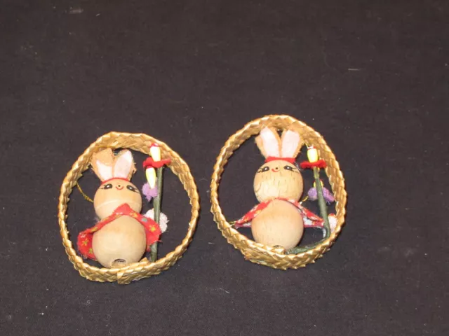 2 Vintage Putz Rabbit Ornaments Easter Egg Bunny Decoration Spring (K554)