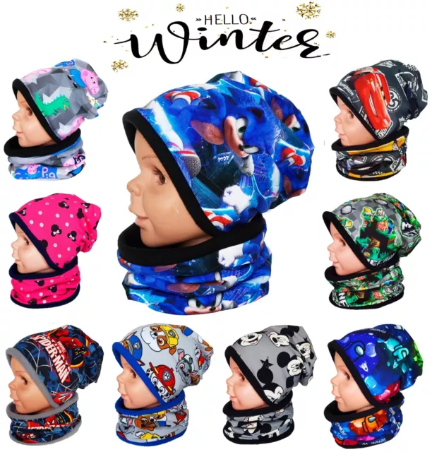 Boy Girl Kid Children Warm Winter Hat & Tube Scarf  Set Fleece  1-2-4-8-12 Years