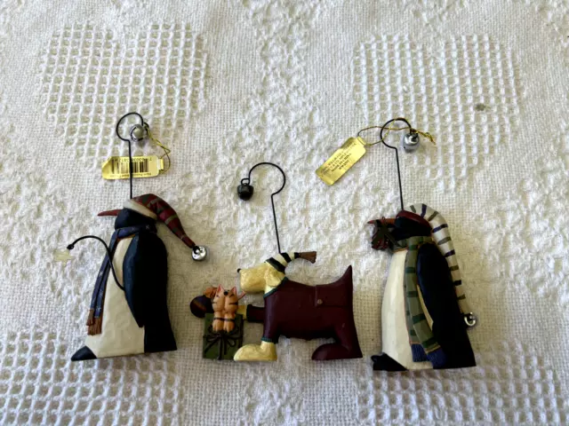 Williraye Studio -  "2 PENGUINS and a DOG"  Christmas Ornaments - New/NO BOX