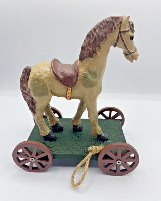 Vintage Horse pull along toy on platform with wheels hand painted 7" figurine