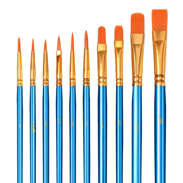 10 Pezzi Pennelli Acrilici - Brencco Nylon Artist Brushes, Set di Pennelli per