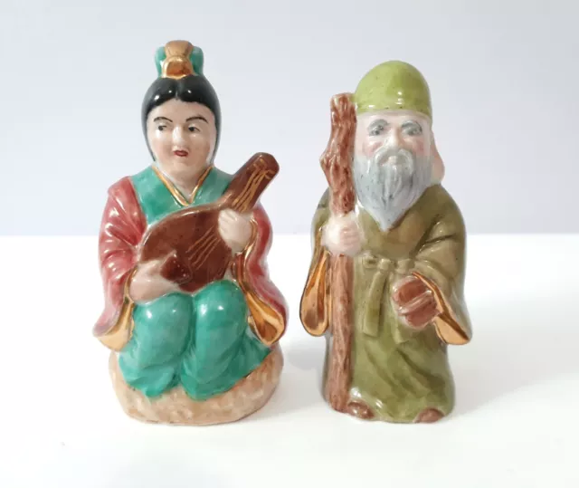 Vintage Asian Couple Figurines Gold Trim Hand painted  4" Washed glaze