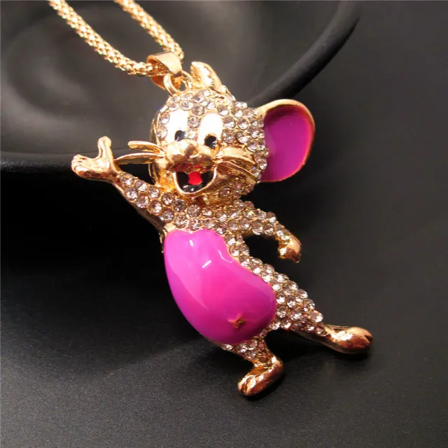 Fashion Women Rose Rhinestone Cute Enamel Mouse Crystal Pendant Chain Necklace