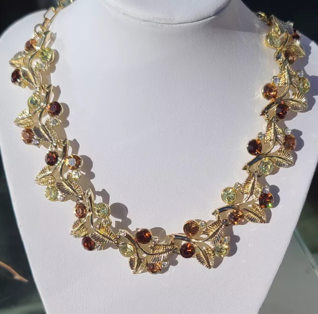 Womens Gold Tone Leaf Necklace With Brown, Tan and Green Rhinstones