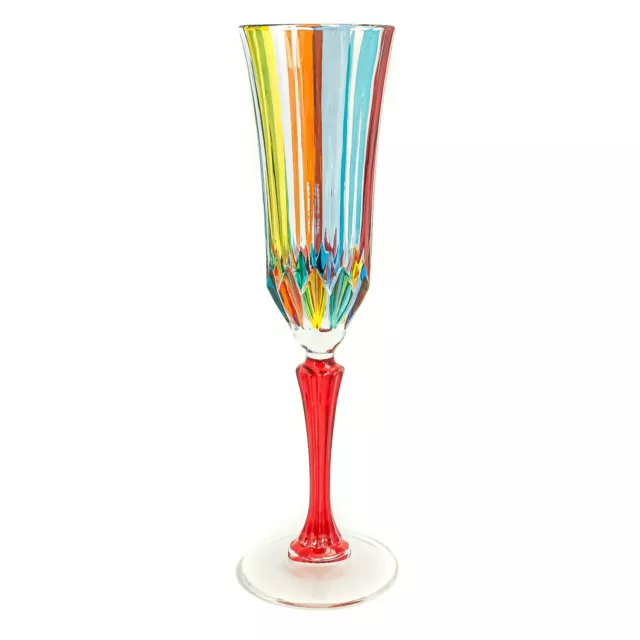 Murano Verre Buvant Flûte à Champagne Multi Couleur Main Peint Rouge Tige 25cm