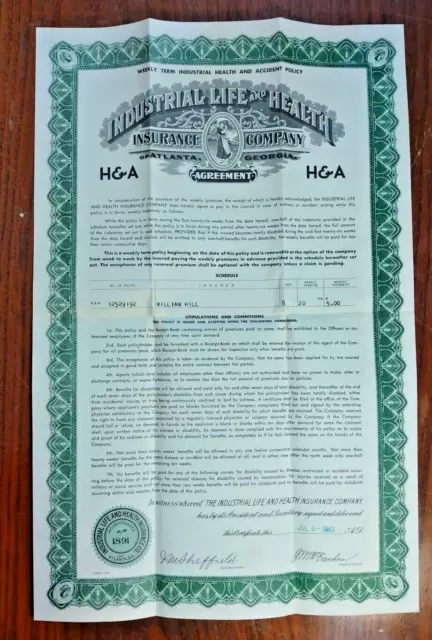 1949 Industrial Life & Health Insurance Company of Atlanta ~ Policy Certificate