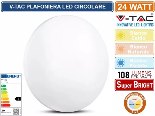 V-Tac Vt-8424 Plafoniera Led 24W Cambia Colore 3In1 Forma Circolare Opaca 2600Lm