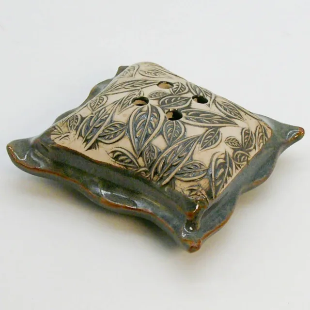 Art Pottery Floral Frog Leaves Ceramic Studio Green Vase Signed Accomaudo 4"