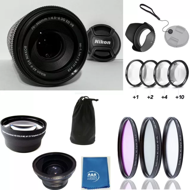 Nikon AF-P DX NIKKOR 70-300mm f/4.5-6.3G ED VR Lens Kit W Filters Hood  + 2Lens+