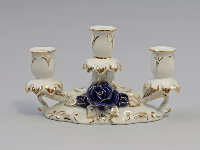 9997575 Dreiarmiger Luces con Rosas Cobalto Oro Ens Porcelana 18 , 5x7x11cm