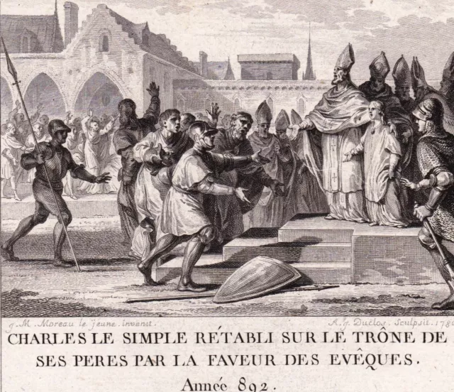 Gravure XVIIIe Charles le Simple Rétabli sur Trône 892 Foulques St Rémi Reims
