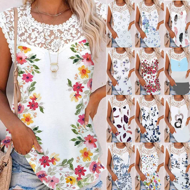 Women Casual Sleeveless Round  Neck Tops Ladies Lace Floral Print T Shirt