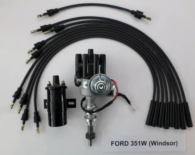 FORD 351W Windsor BLACK Small Female HEI Distributor +Spark Plug Wires +45k Coil