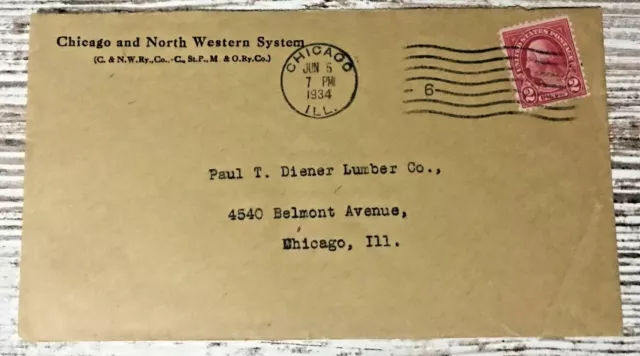CHICAGO NORTH WESTERN RAILROAD RR - 1934 commercial cover w/perfin 2c Washington