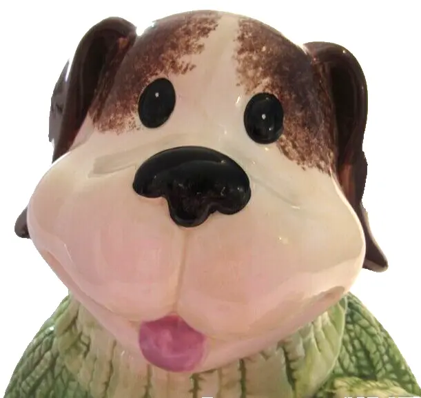 DOG  in a Green Sweater  with Bone and picture frame Ceramic Cookie Jar by CKA