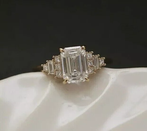 2Ct Emerald Cut Lab-Created Diamond Women Engagement Ring 14k Yellow Gold Plated