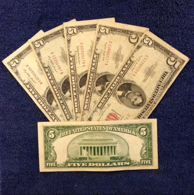 ☆$5 Five Dollar Red Seal Lincoln Dollars ☆Red Certificate Old Money☆1953 1963☆ 2