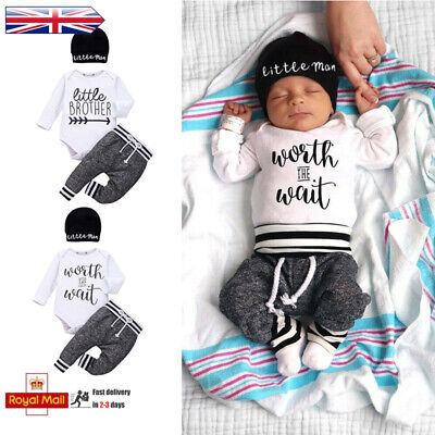 Newborn Infant Baby Boys Clothes Print Romper Jumpsuit Tops Pants Hat Outfits
